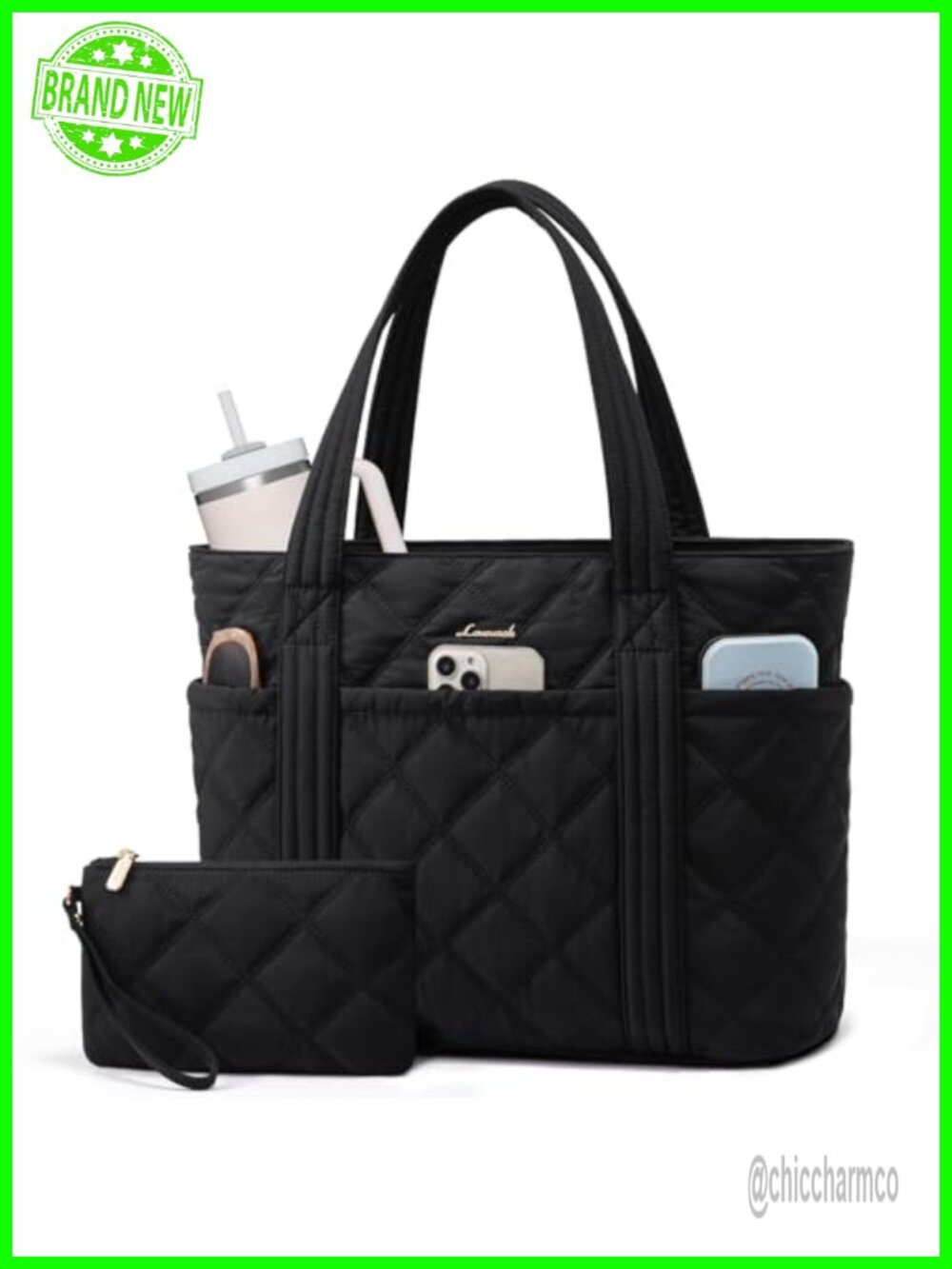 LOVEVOOK Puffer Tote Bag Quilted Nylon Tote with Laptop Pocket Cup Holder